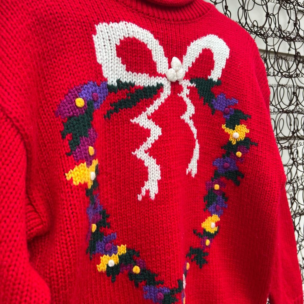 Vintage Red Mock Neck Sweater Wreath Bow Floral Knit Hasting Smith SMALL - Picture 2 of 4